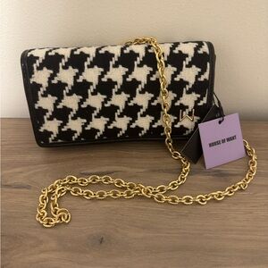 House of Want Black White Houndstooth Gold Hardware Crossbody Wallet